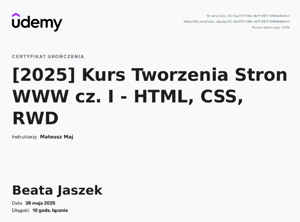 Certyfikat - Tworzenie stron WWW cz I